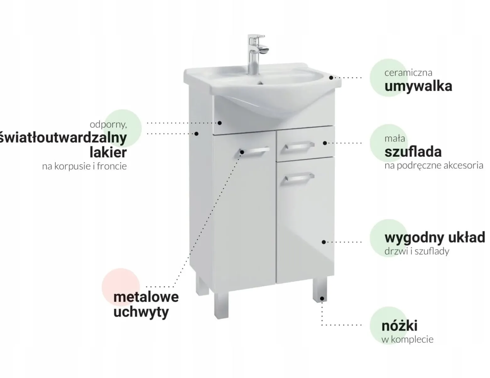 Szafka łazienkowa stojąca z umywalką biała na nóżkach 55