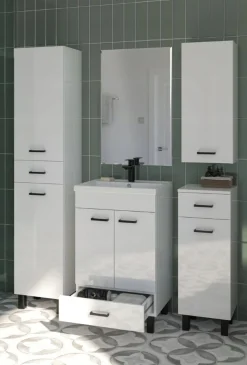 Szafka Łazienkowa Stojąca Z Umywalką 50 x 40 cm Biała Połysk z Szufladką