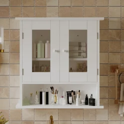 Szafka łazienkowa wisząca biała 2-drzwiowa szklana ścienna loft półki 58 cm