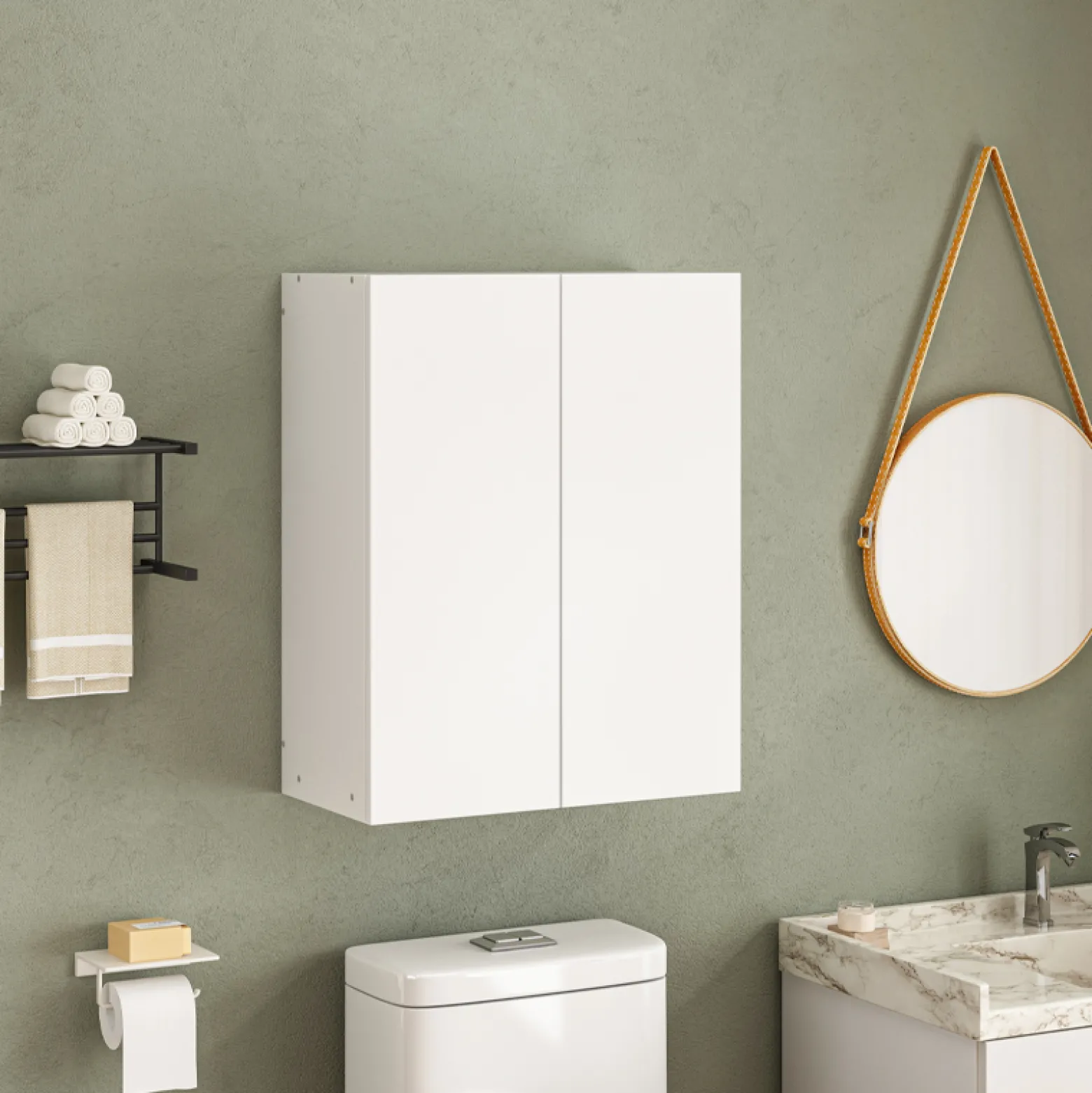 Szafka Łazienkowa Wisząca Biała 2 Drzwiowa Nowoczesna Ścienna 3 Półki 80 Cm