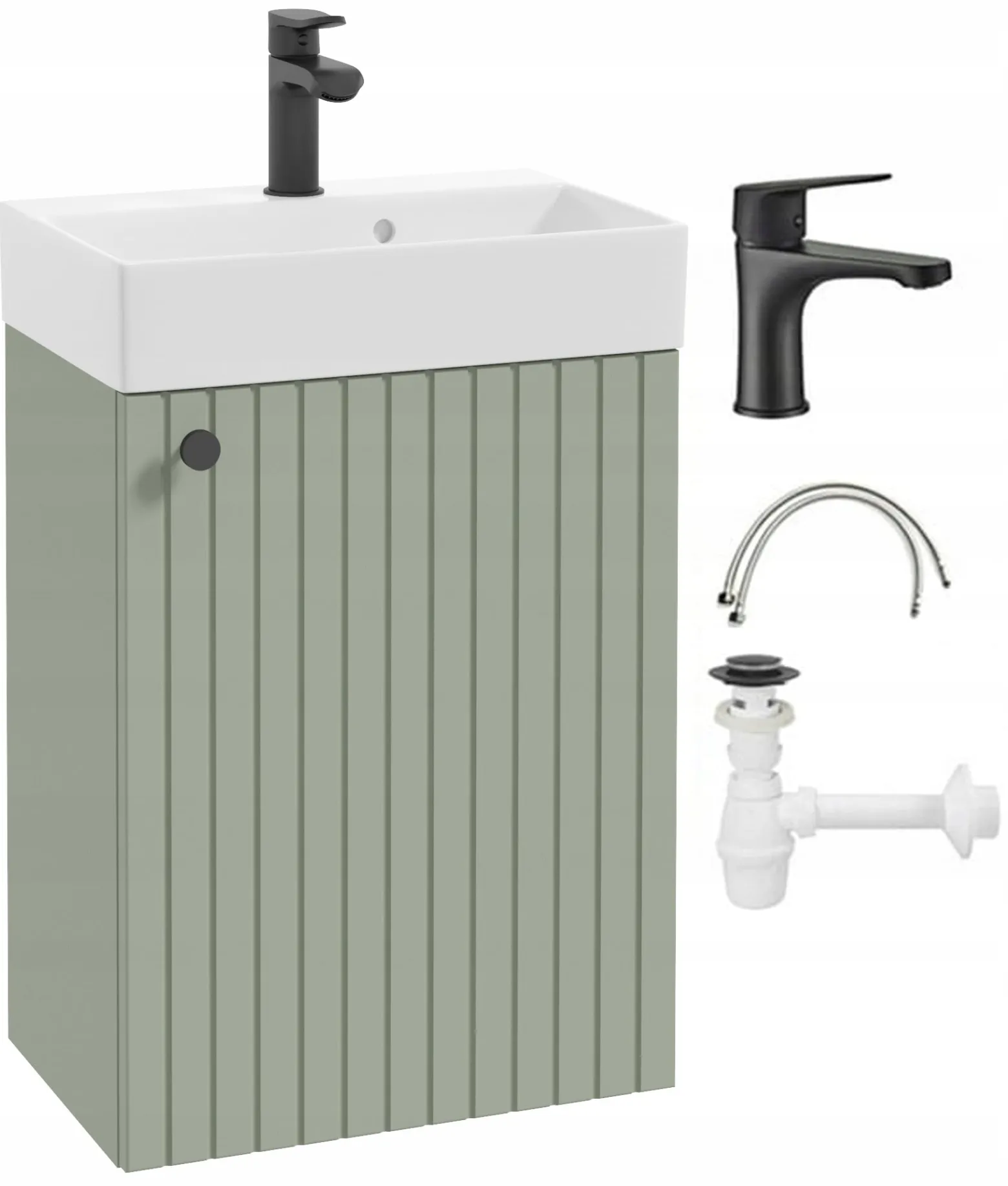 Szafka łazienkowa z umywalką eukaliptus z czarną baterią i uchwytem 50x70cm