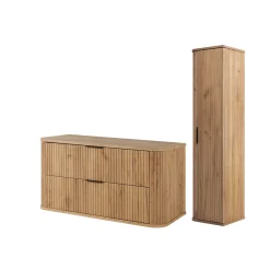 Szafka 100 Cm + Słupek 139 Cm Zestaw Łazienkowy Wiszący Dąb Fronty Mdf