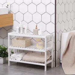Szafka na Buty Bambusowy Stojak na Obuwie 3 Półki Do Korytarza Holu Biały