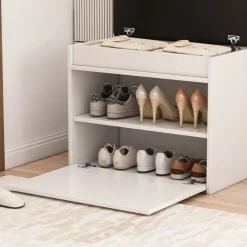 Szafka na buty biała z siedziskiem I schowkiem przedpokój 2 półki otwierana