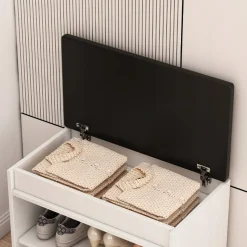 Szafka na buty biała z siedziskiem I schowkiem przedpokój 2 półki otwierana