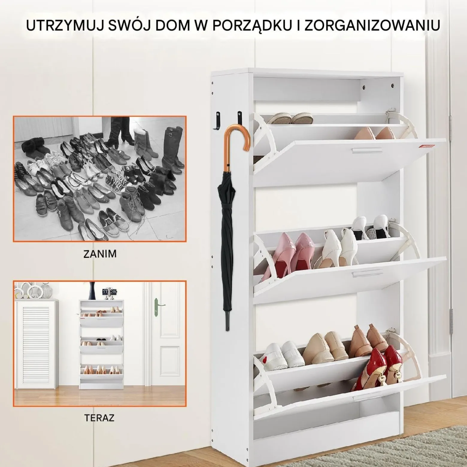 Szafka na buty otwierana uchylna komoda biała pojemna 60 cm