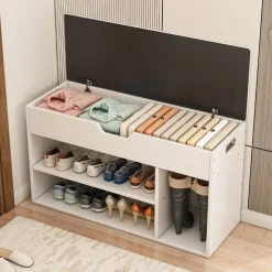 Szafka na buty otwierana z siedziskiem drewniana z półkami skandynawska