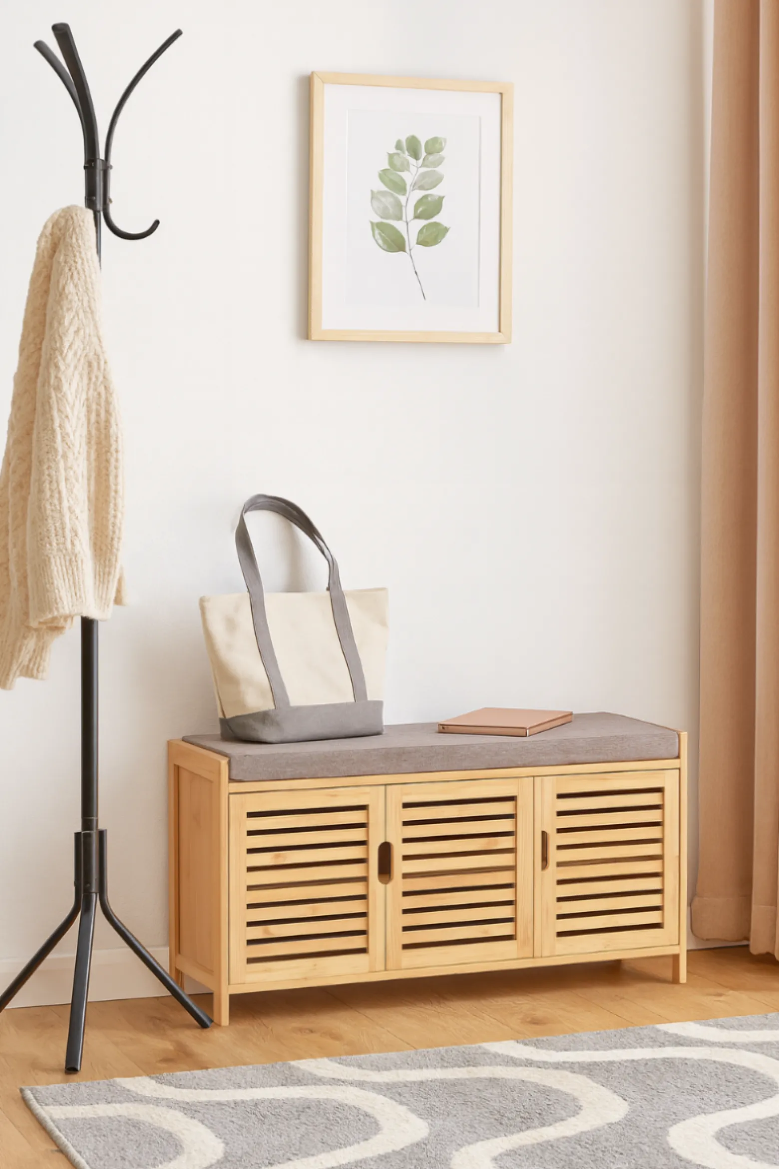 Szafka na Buty z Siedziskiem do Przedpokoju Schowek Bambusowa 50x90x35Szara