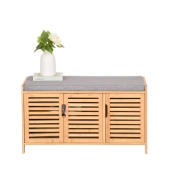 Szafka na Buty z Siedziskiem do Przedpokoju Schowek Bambusowa 50x90x35Szara
