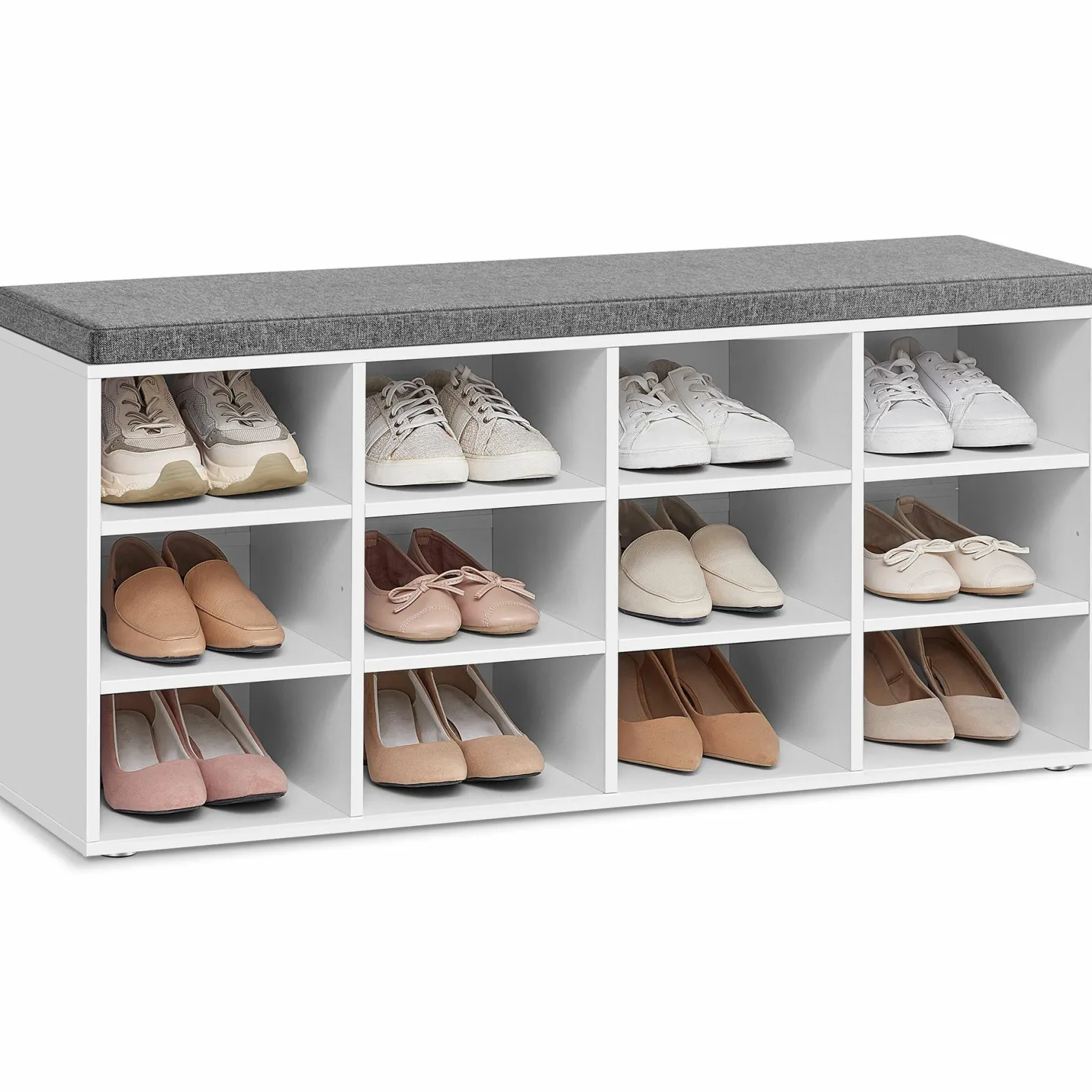 Szafka na buty z siedziskiem 12 półek biała z szarą poduszką 104 cm