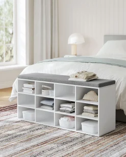 Szafka na buty z siedziskiem 12 półek biała z szarą poduszką 104 cm