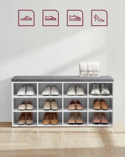 Szafka na buty z siedziskiem 12 półek biała z szarą poduszką 104 cm