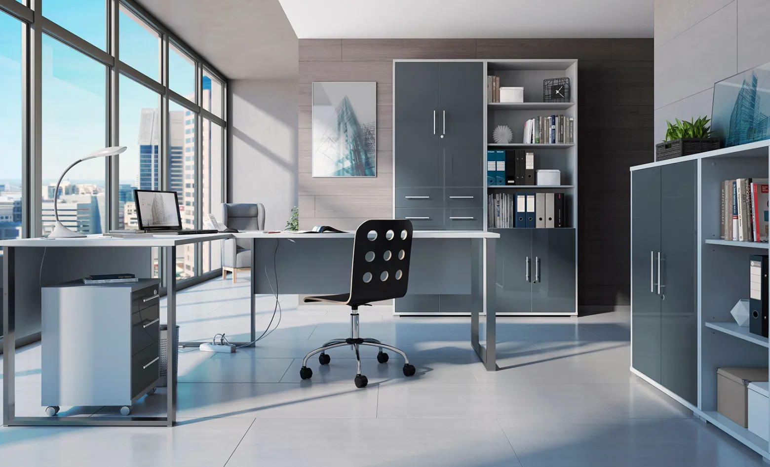 Szafka Office Lux 79 cm dwudrzwiowa na klucz jasny szary/grafit szkło