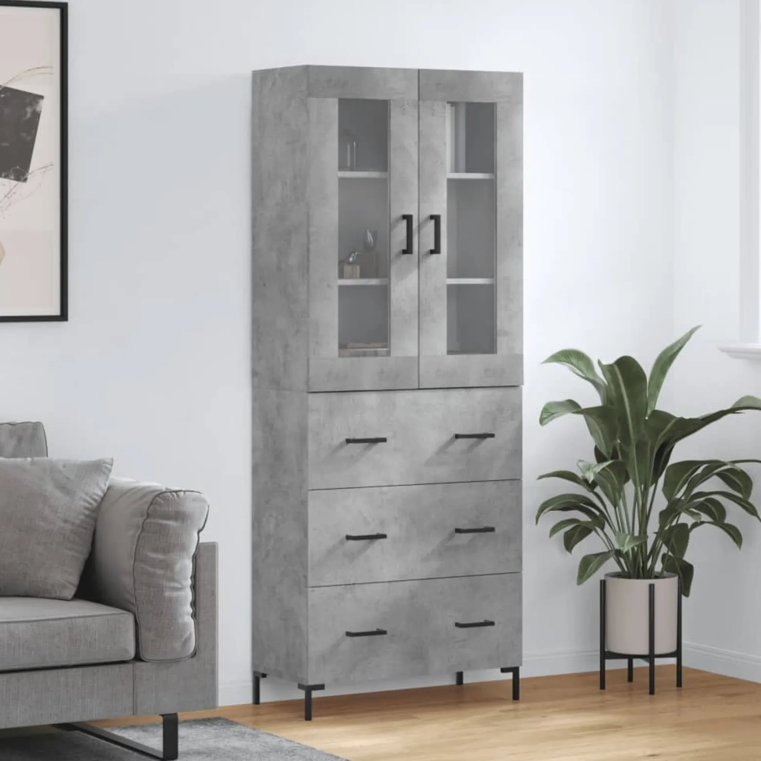 Szafka Regał Witrynka Szara Beton Szklana 69.5x34x180 cm do Salonu Pokoju