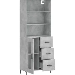 Szafka Regał Witrynka Szara Beton z Drzwiami Szklanymi 69.5x34x180 cm