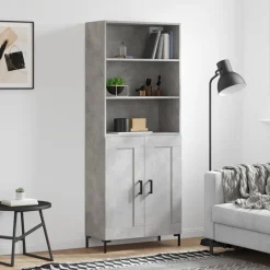 Szafka Regał Witrynka Szara Beton z Drzwiami 69.5x34x180 cm do Salonu