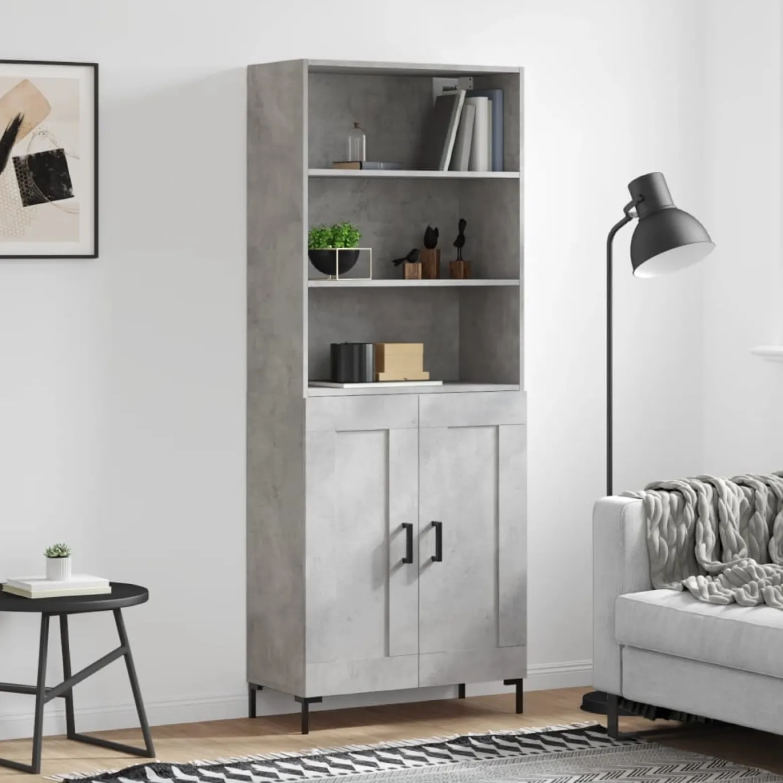 Szafka Regał Witrynka Szara Beton z Drzwiami 69.5x34x180 cm do Salonu