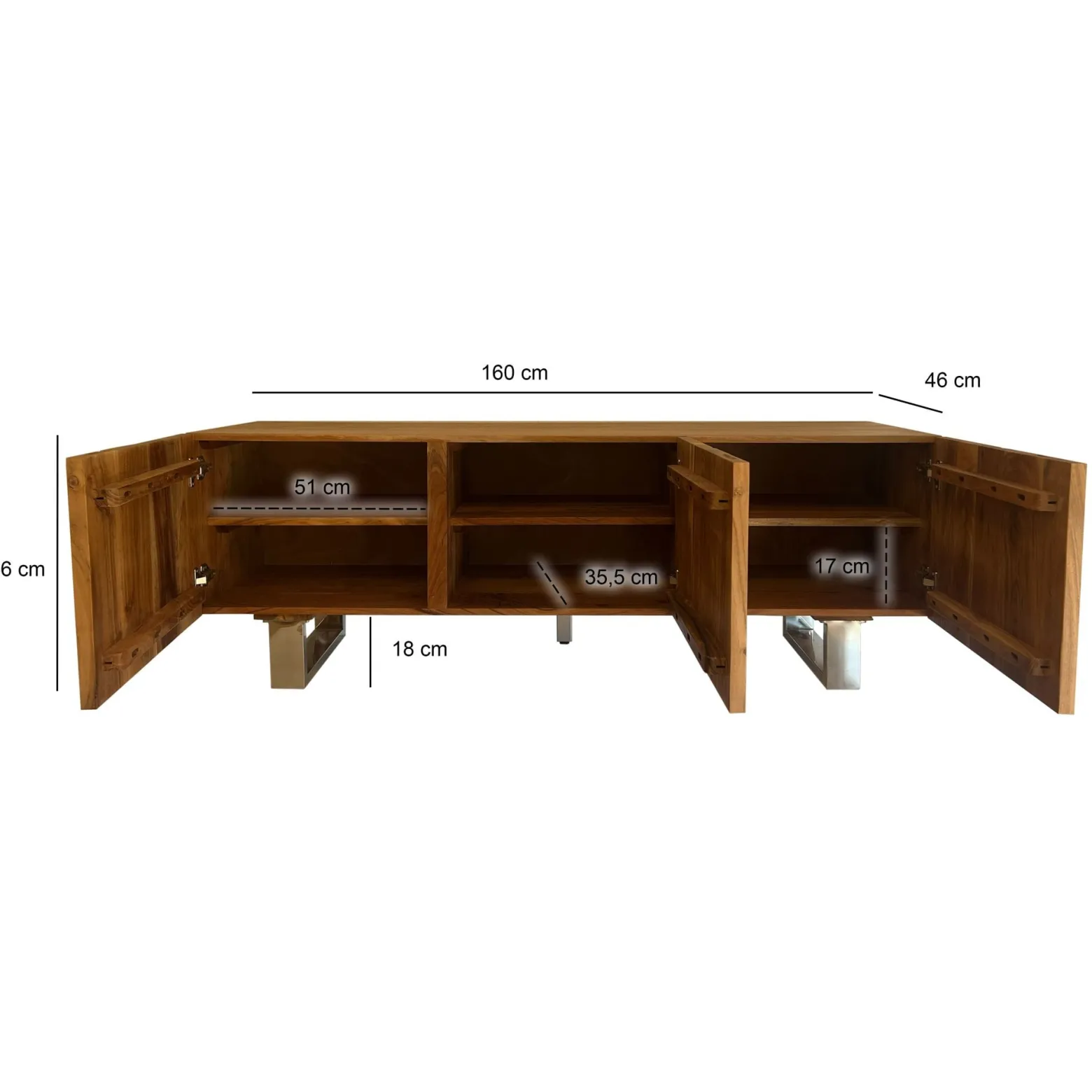 Szafka RTV Akacja Drewno Lite 160x56x46 cm z Trzema Drzwiami Nowoczesny