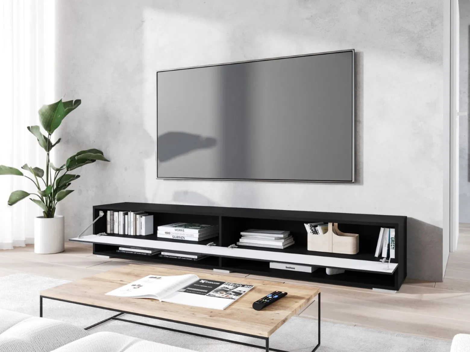 Szafka RTV ANNE 180 czarny grafit/czarny MDF wzór fala z LED