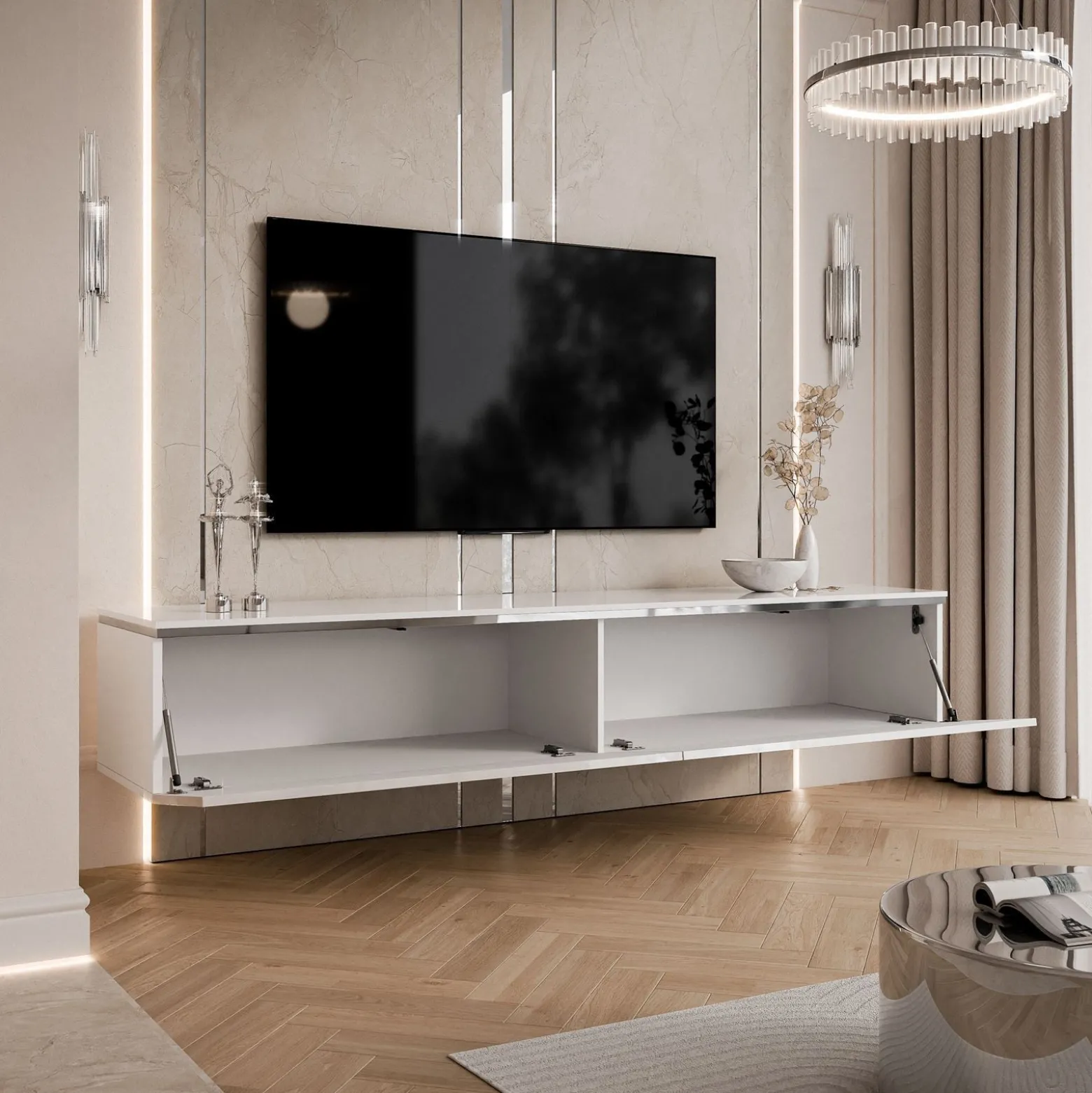 Szafka RTV AURORA SILVER nóżki skośne chrom