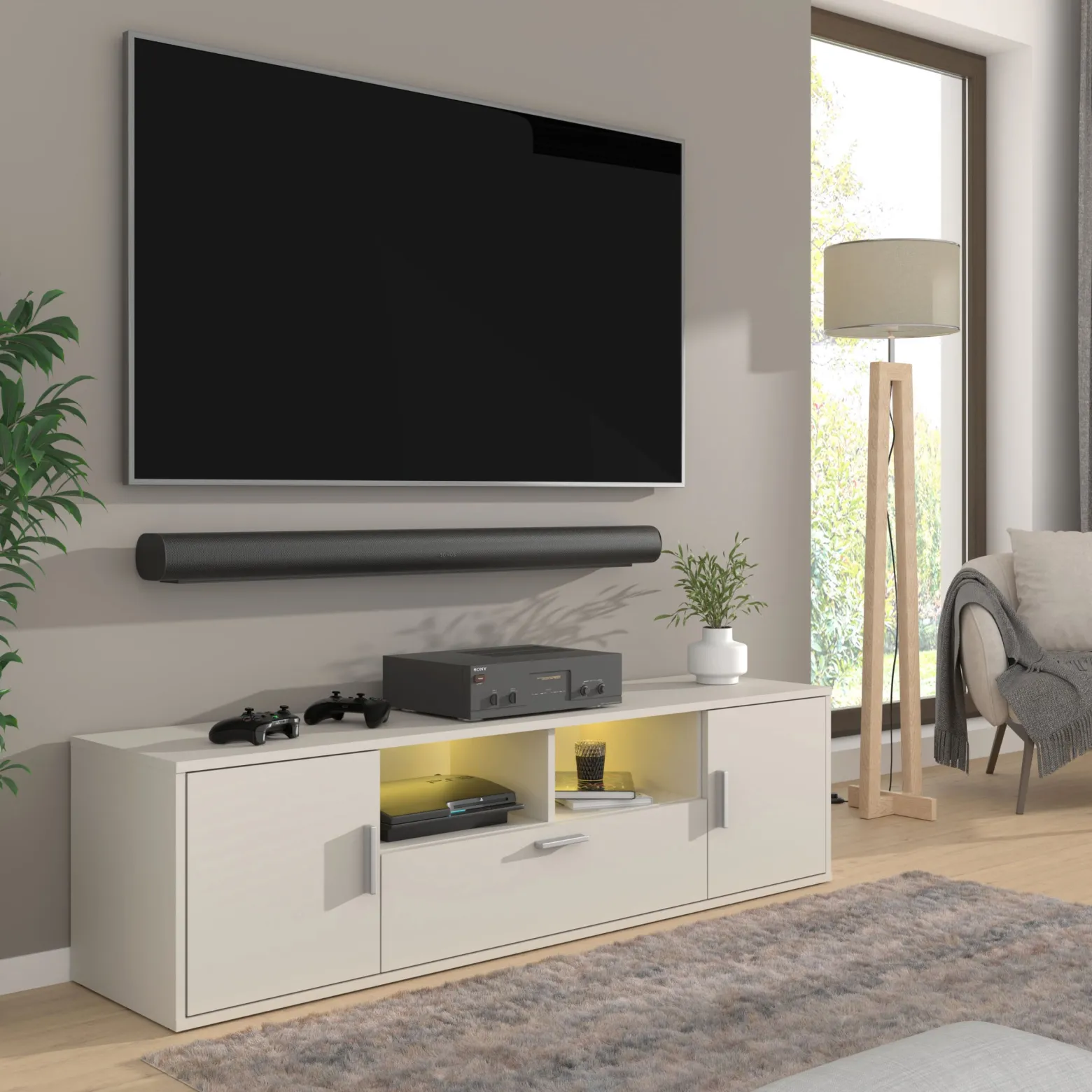 Szafka RTV BLANCA 150 cm kaszmir stolik pod telewizor + LED RGB
