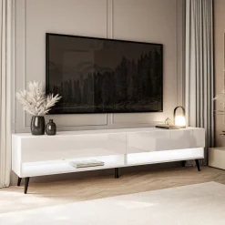 Szafka RTV CALANTE 180 cm LED biały połysk skośne czarne