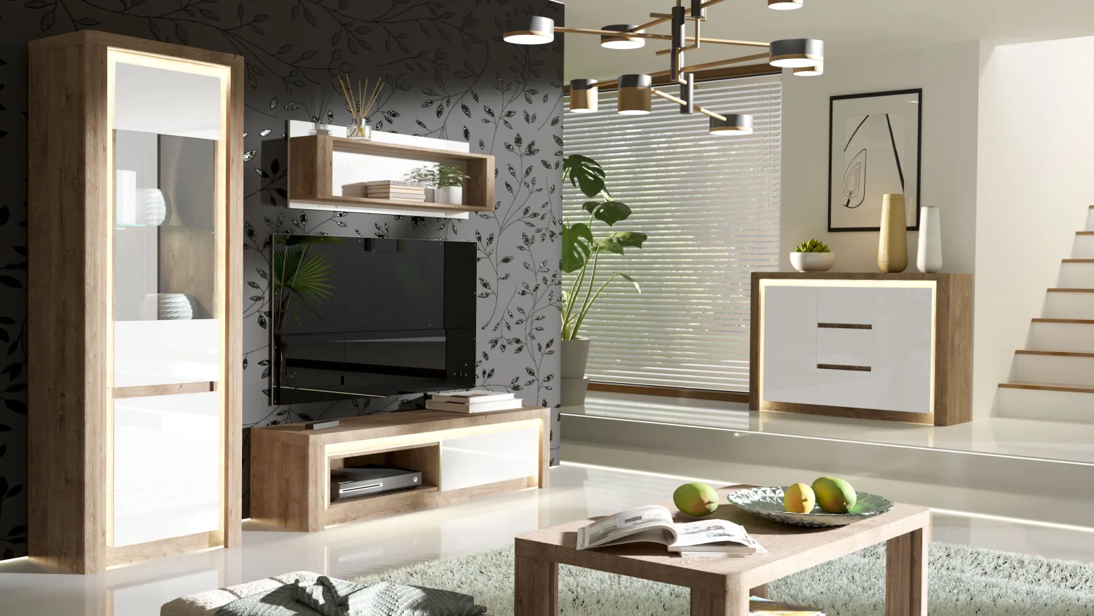 Szafka RTV 162 cm LIVINIO L-9 z oświetleniem biały połysk / dąb ribbeck