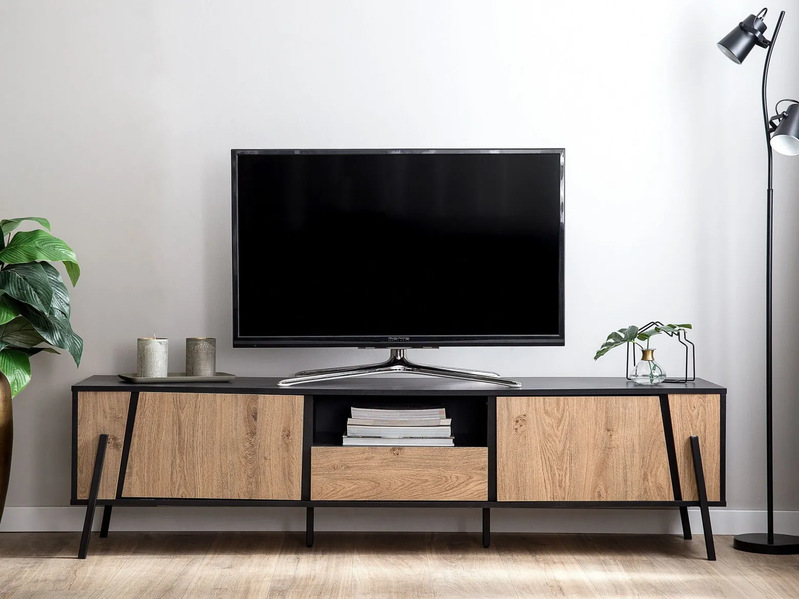 Szafka RTV 177 cm miejsce na kable drewno