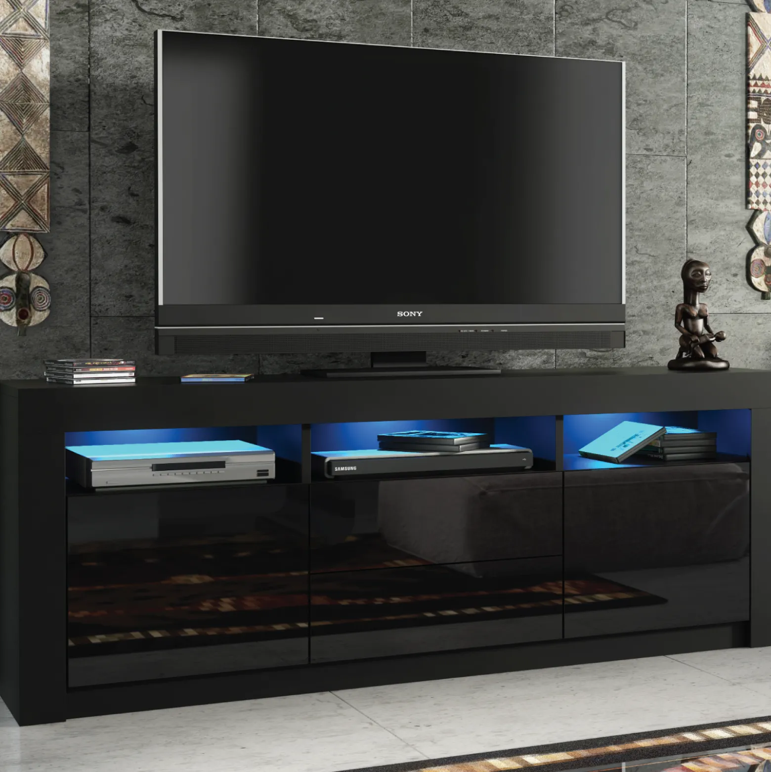 Szafka RTV 160cm ONE FURNITURE - Czarny Laminat & Połysk
