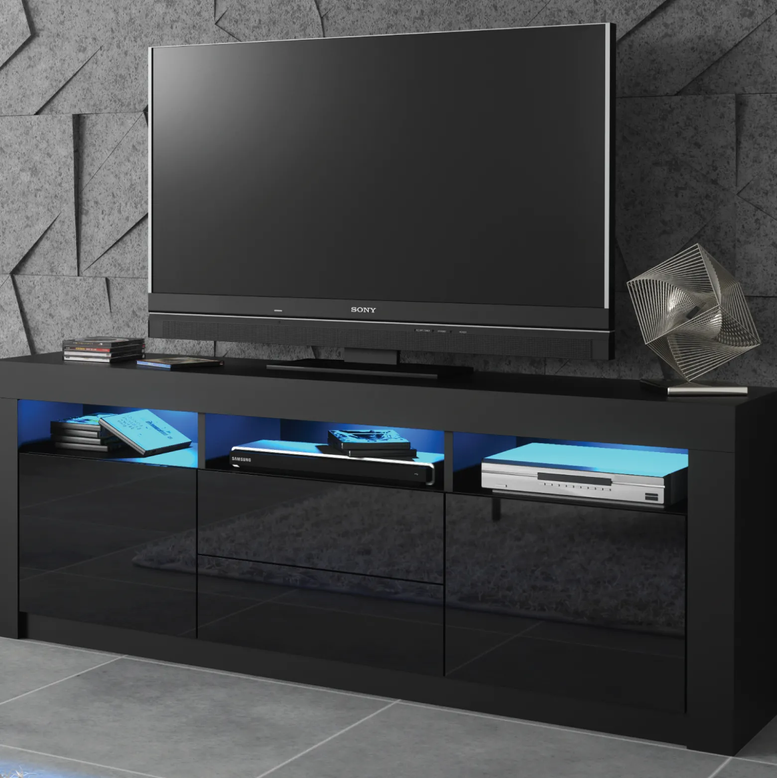 Szafka RTV 160cm ONE FURNITURE - Czarny Laminat & Połysk
