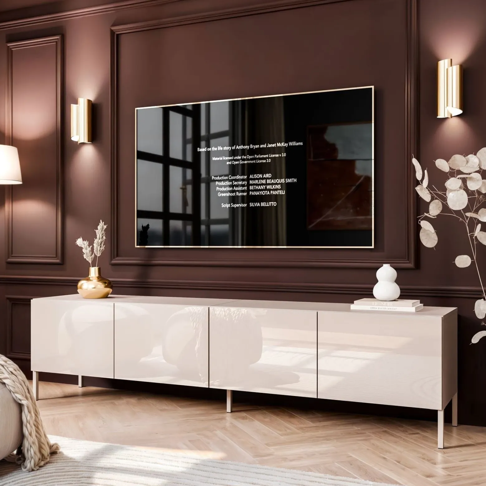 Szafka RTV COLGANTE 200 kaszmir wysoki połysk, nóżki boho kaszmir, LED