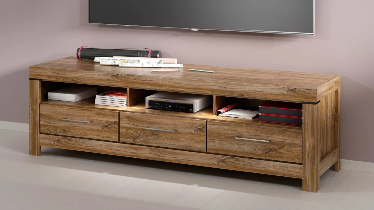 Szafka RTV Gent 200 cm z 3 szufladami i półką dąb stirling
