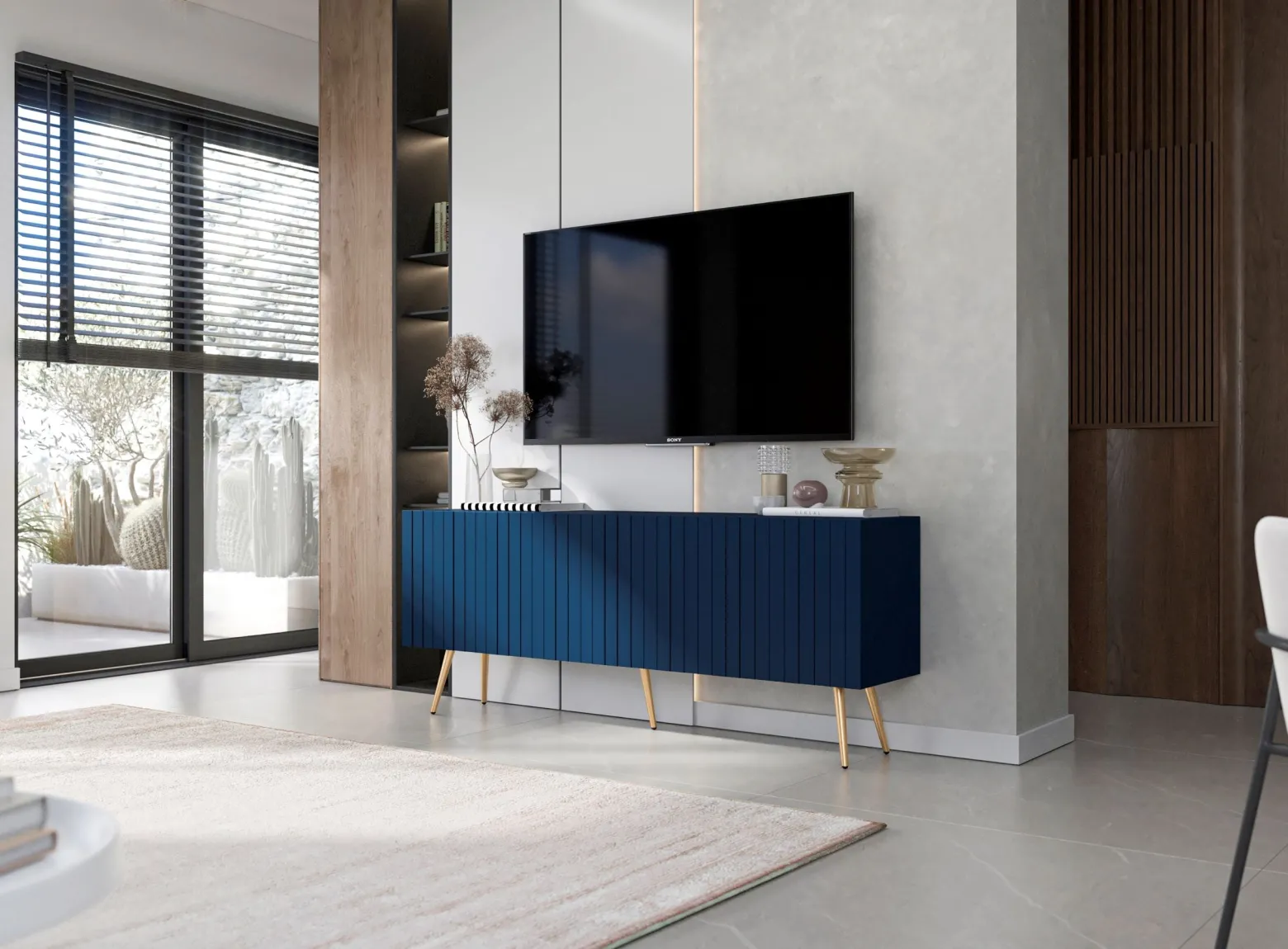 Szafka RTV Glamour Granatowy Mat Ryflowane fronty Komoda RTV
