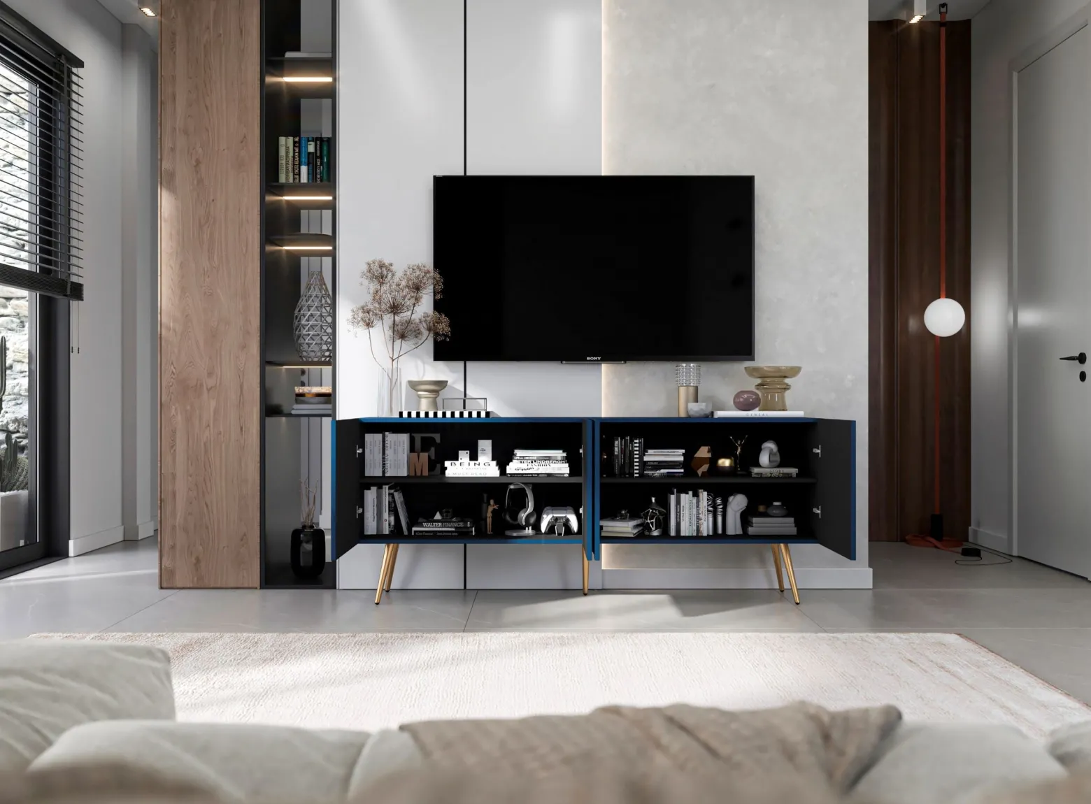 Szafka RTV Glamour Granatowy Mat Ryflowane fronty Komoda RTV