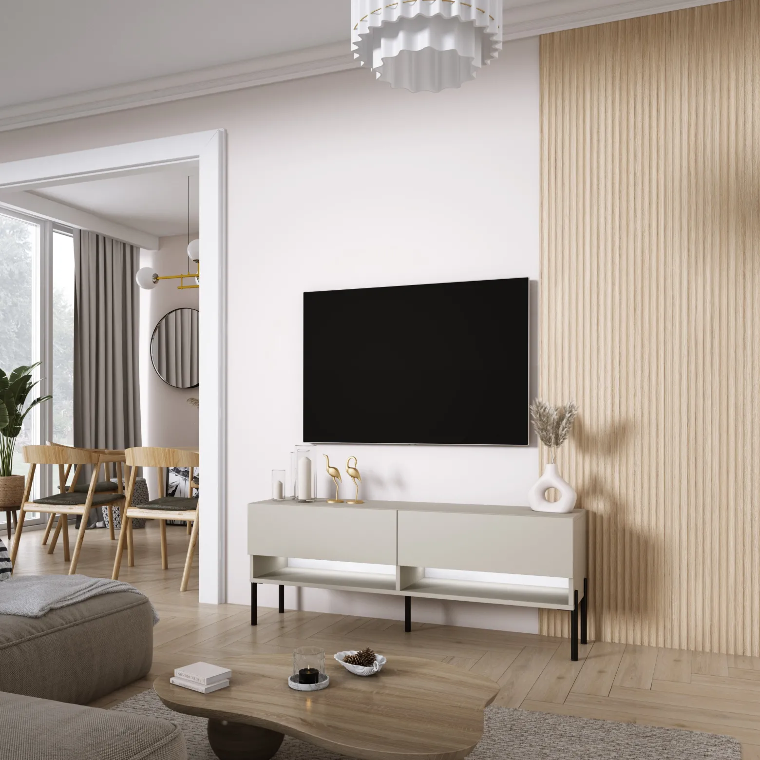 Szafka RTV Kaszmir, nogi proste czarne, LED biały, 140 × 32 × 52 cm