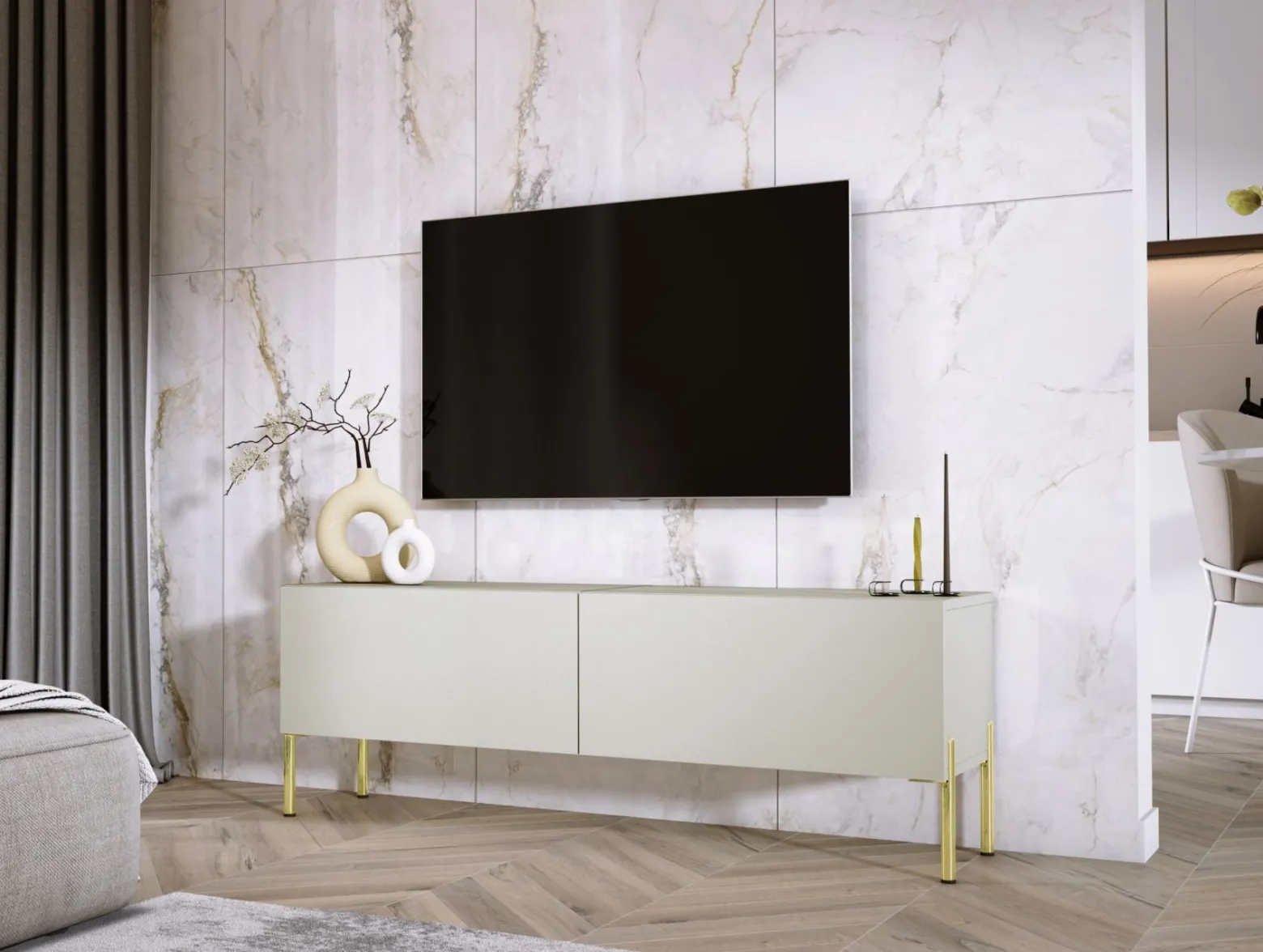 Szafka RTV : Kaszmir, złote nogi, 140 x 34 x 32 cm