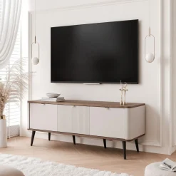 Szafka RTV NAVANI 130 cm z ryflowanym frontem kaszmir/orzech