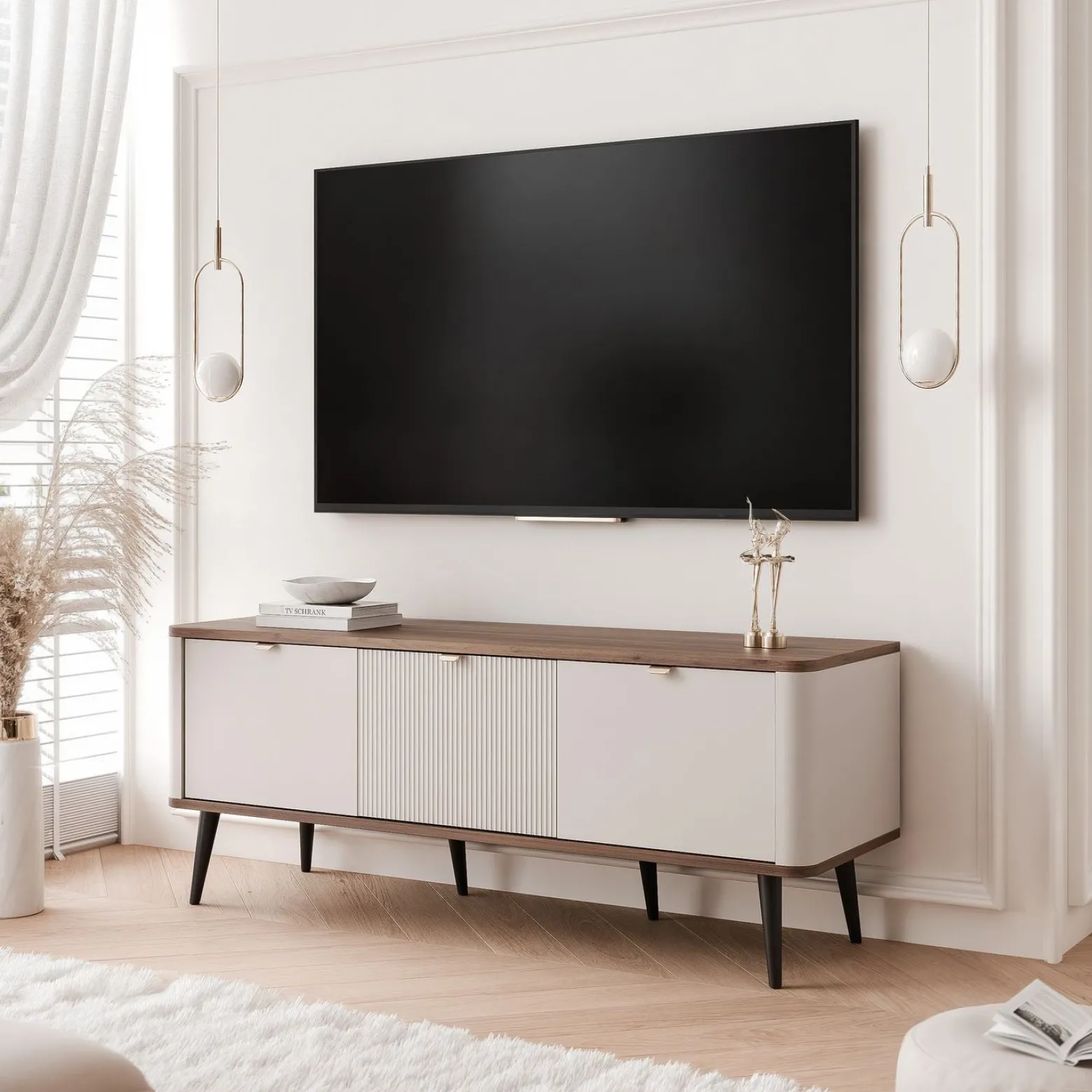 Szafka RTV NAVANI 130 cm z ryflowanym frontem kaszmir/orzech