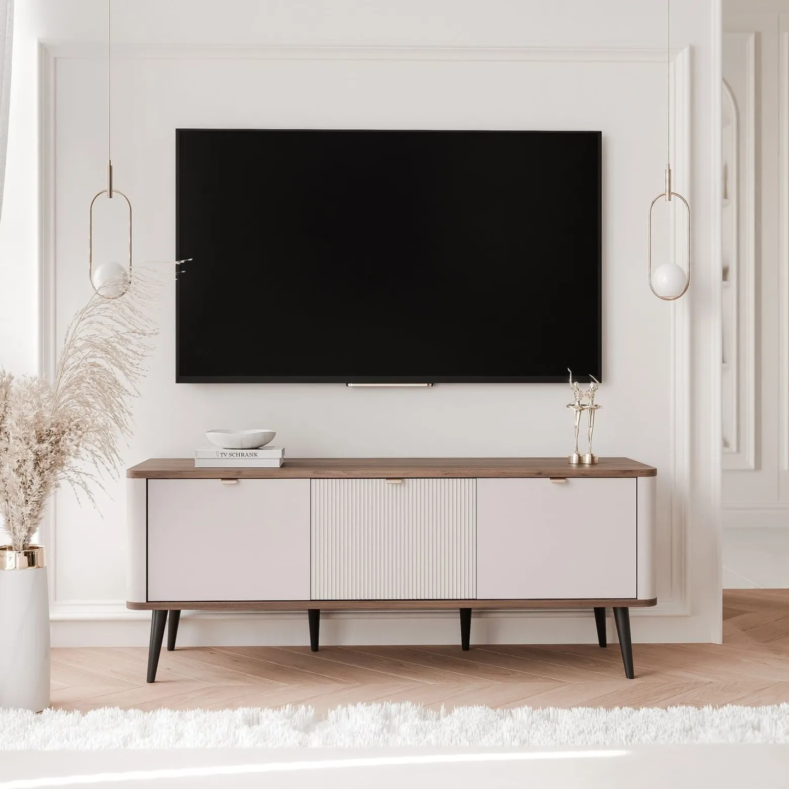 Szafka RTV NAVANI 130 cm z ryflowanym frontem kaszmir/orzech