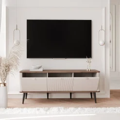 Szafka RTV NAVANI 130 cm z ryflowanym frontem kaszmir/orzech