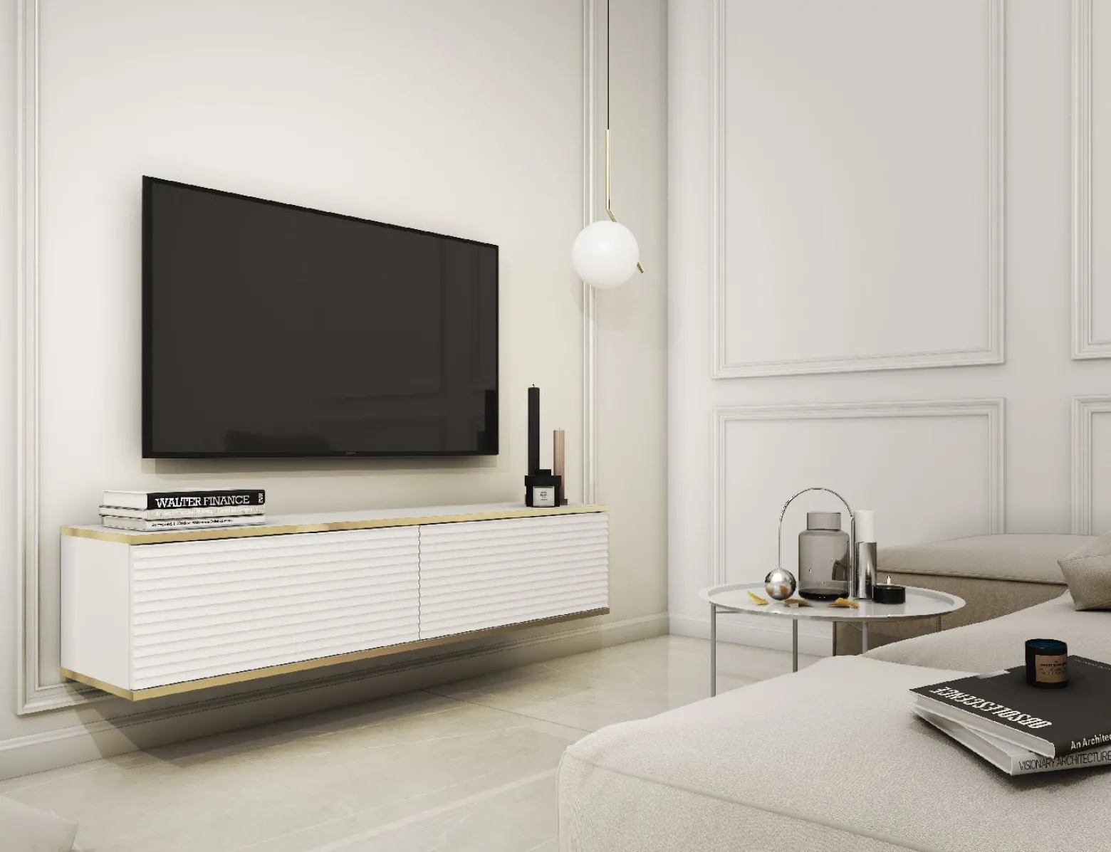 Szafka RTV ORO MDF 135 biały + złoto