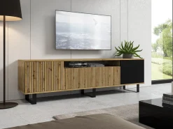Szafka rtv Piko 200cm artisan czarny lamele metalowe nogi