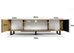 Szafka rtv Piko 200cm artisan czarny lamele metalowe nogi