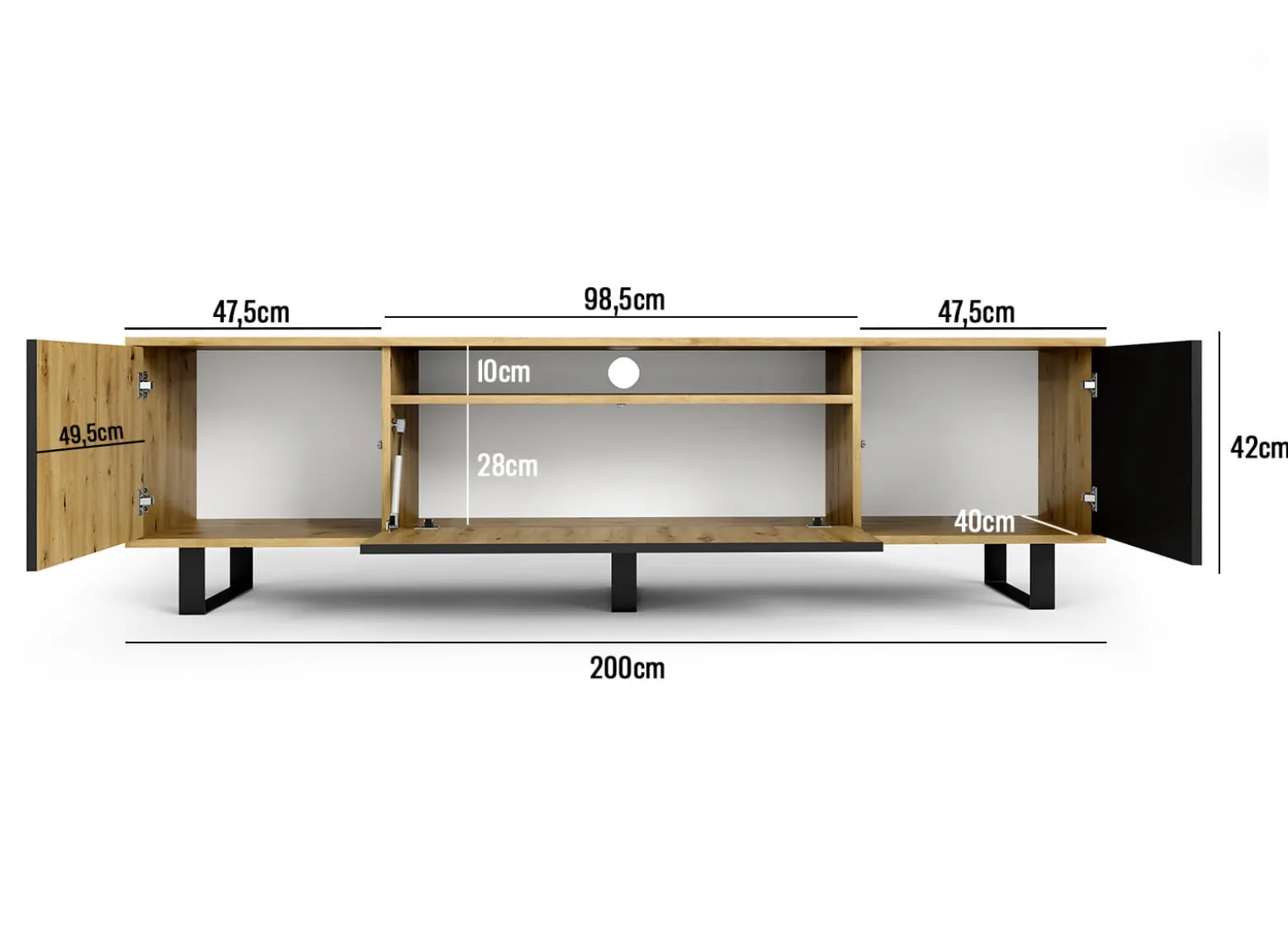Szafka rtv Piko 200cm artisan czarny lamele metalowe nogi