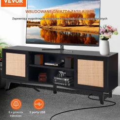 Szafka RTV rattanowa pod telewizor z gniazdkiem boho czarna nowoczesna