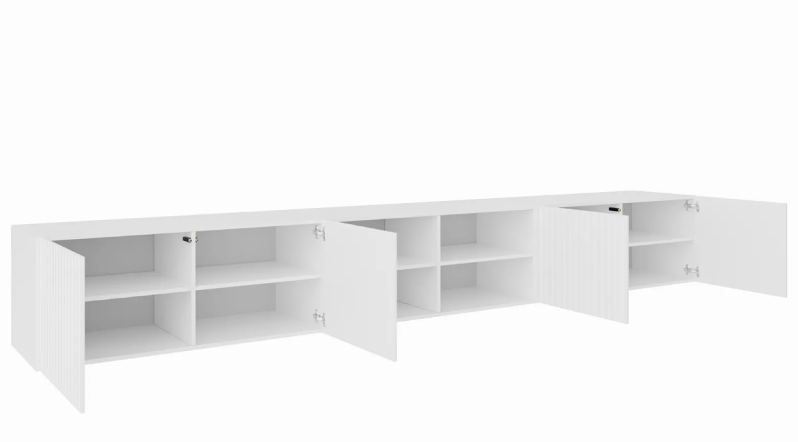 Szafka RTV RIO 300 cm otwarta z półkami do salonu, ryflowana- biała