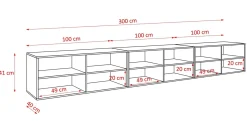 Szafka RTV RIO 300 cm otwarta z półkami do salonu, ryflowana- biała
