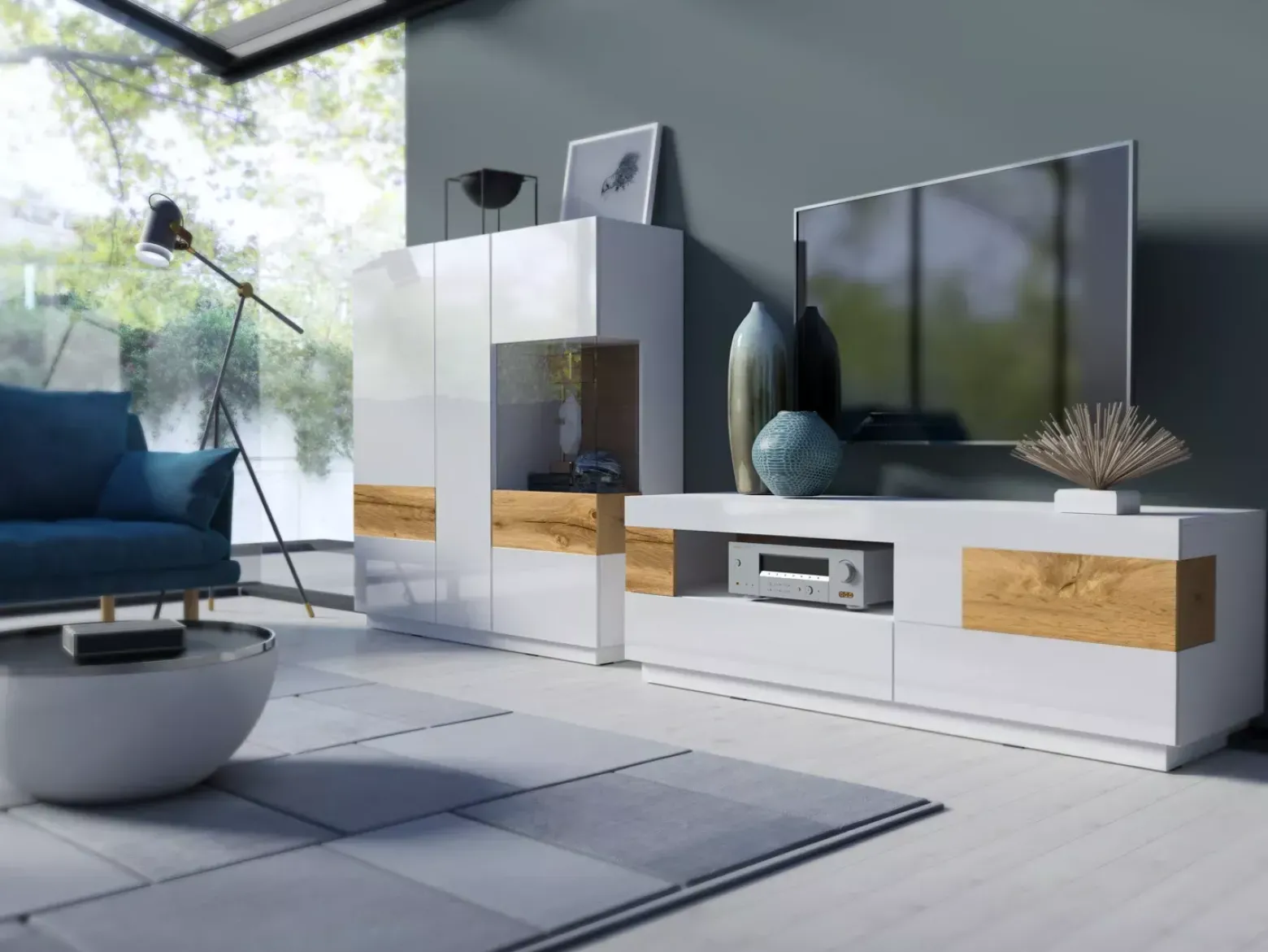 Szafka RTV SILKE 2S1KL 160cm biały połysk/dąb wotan