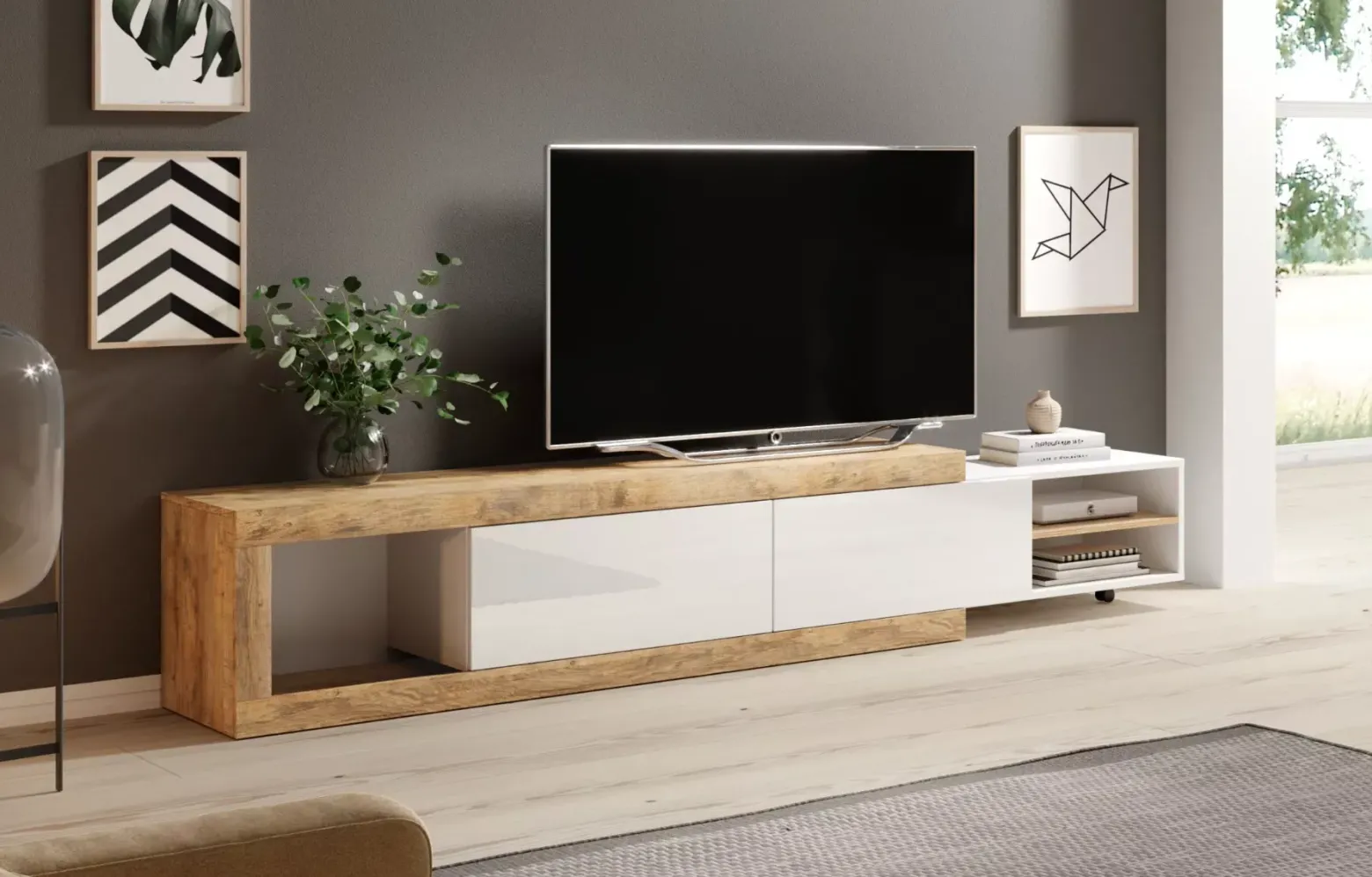 Szafka RTV SINTRA 2K 200(241)cm dąb samdal/biały połysk rozs