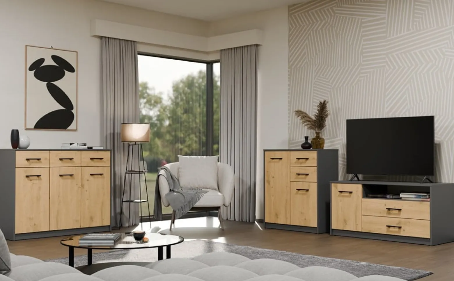 Szafka RTV Topeshop SIMPLO 1D2S Stolik TV antracyt dąb artisan